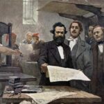 Marx and Engels at the Rheinische Zeitung. Oil on convas painted 1849 by E. Capiro. Public Domain.