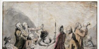 "Jomfru Charlotte Dorothea Biehl vil castrere Holberg." Satire af Cornelius Høyer (1741-1804), miniaturmaler. Public Domain.