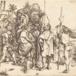 Landsknechte (mercenaries). Five Soldiers and a Turk on Horseback. Engraving from 1495/1496 by Albrecht Dürer. Collection: National Gallery of Art, Washington, D.C., USA. Public Domain.