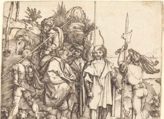 Landsknechte (mercenaries). Five Soldiers and a Turk on Horseback. Engraving from 1495/1496 by Albrecht Dürer. Collection: National Gallery of Art, Washington, D.C., USA. Public Domain.