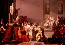 The Death of Julius Caesar. Oil on canvas painted between 1804 and 1805 by Vincenzo Camuccini (1771–1844), Italian painter. Collection: Galleria Nazionale d'Arte Moderna e Contemporanea, Rome, Italy. Public Domain.