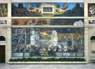 In 1932, Diego Rivera was commissioned to paint twenty-seven frescoes in the Detroit Institute of Art in Midtown Detroit, Michigan, U.S. From the 27 murals that Rivera painted, the two largest murals are located on the north and south walls. They depict laborers working at Ford Motor Company’s River Rouge Plant. Overview of Detroit Industry, North Wall, 1932-33, fresco by Diego Rivera. Collection: Detroit Institute of Arts. Public Domain.