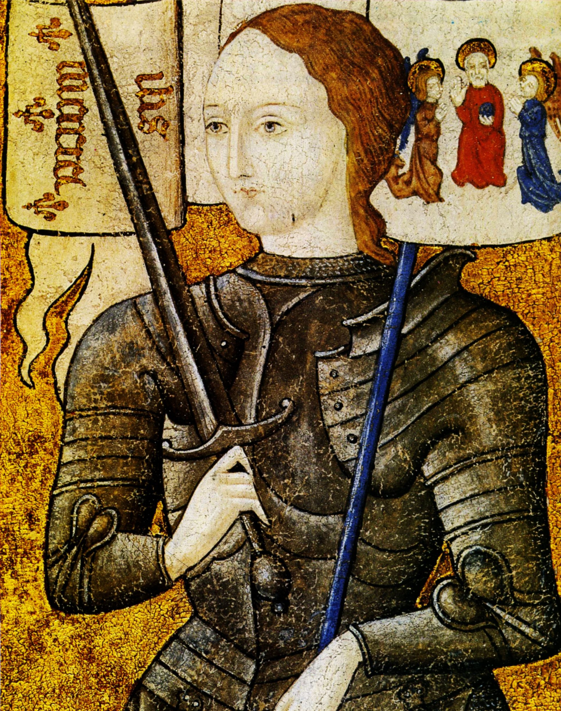 Johan of Arc. Oil on parchment and pigment painted between 15th century and 20th century by unknown artist. Collection: Archives nationales, Paris, France. Public Domain.