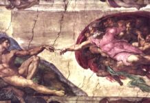 The Creation of Adam, Fresco made in 1511 before the restoration of the Ceiling by Michelangelo (1475–1564), Italian painter, sculptor, architect, poet and inventor. Collection: Sistine Chapel, Vatican City, Rome. Public Domain.