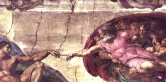 The Creation of Adam, Fresco made in 1511 before the restoration of the Ceiling by Michelangelo (1475–1564), Italian painter, sculptor, architect, poet and inventor. Collection: Sistine Chapel, Vatican City, Rome. Public Domain.