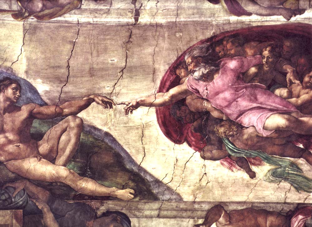 The Creation of Adam, Fresco made in 1511 before the restoration of the Ceiling by Michelangelo (1475–1564), Italian painter, sculptor, architect, poet and inventor. Collection: Sistine Chapel, Vatican City, Rome. Public Domain.