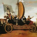 Flora’s crazy wagon. Allegory of the Tulip Mania. The goddess of flowers is riding along with three drinking and money weighing men and two women on a car. Weavers from Haarlem have thrown away their equipment and are following the car. The destiny of the car is shown in the background: it will disappear in the sea. Oil on panel painted 1637/1638 by Hendrik Gerritsz Pot (1580/1581–1657), Dutch painter, draughtsman and miniaturist. Collection: Frans Hals Museum, Haarlem, Netherlands Photo: van Diepen en Fuhri Snethlage (1990), Frans Hals museum.