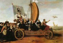 Flora's crazy wagon. Allegory of the Tulip Mania. The goddess of flowers is riding along with three drinking and money weighing men and two women on a car. Weavers from Haarlem have thrown away their equipment and are following the car. The destiny of the car is shown in the background: it will disappear in the sea. Oil on panel painted 1637/1638 by Hendrik Gerritsz Pot (1580/1581–1657), Dutch painter, draughtsman and miniaturist. Collection: Frans Hals Museum, Haarlem, Netherlands Photo: van Diepen en Fuhri Snethlage (1990), Frans Hals museum.