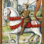 Joan of Arc depicted on horseback in an illustration from a 1504 manuscript. Miniature adorning The Lives of Famous Women by Antoine Dufour 1504-1506. Illumination on vellum painted by Jean Pichore (worked from 1502-1521), French manuscript illuminator. Collection: Musée Dobrée, Nantes, France. Public Domain.
