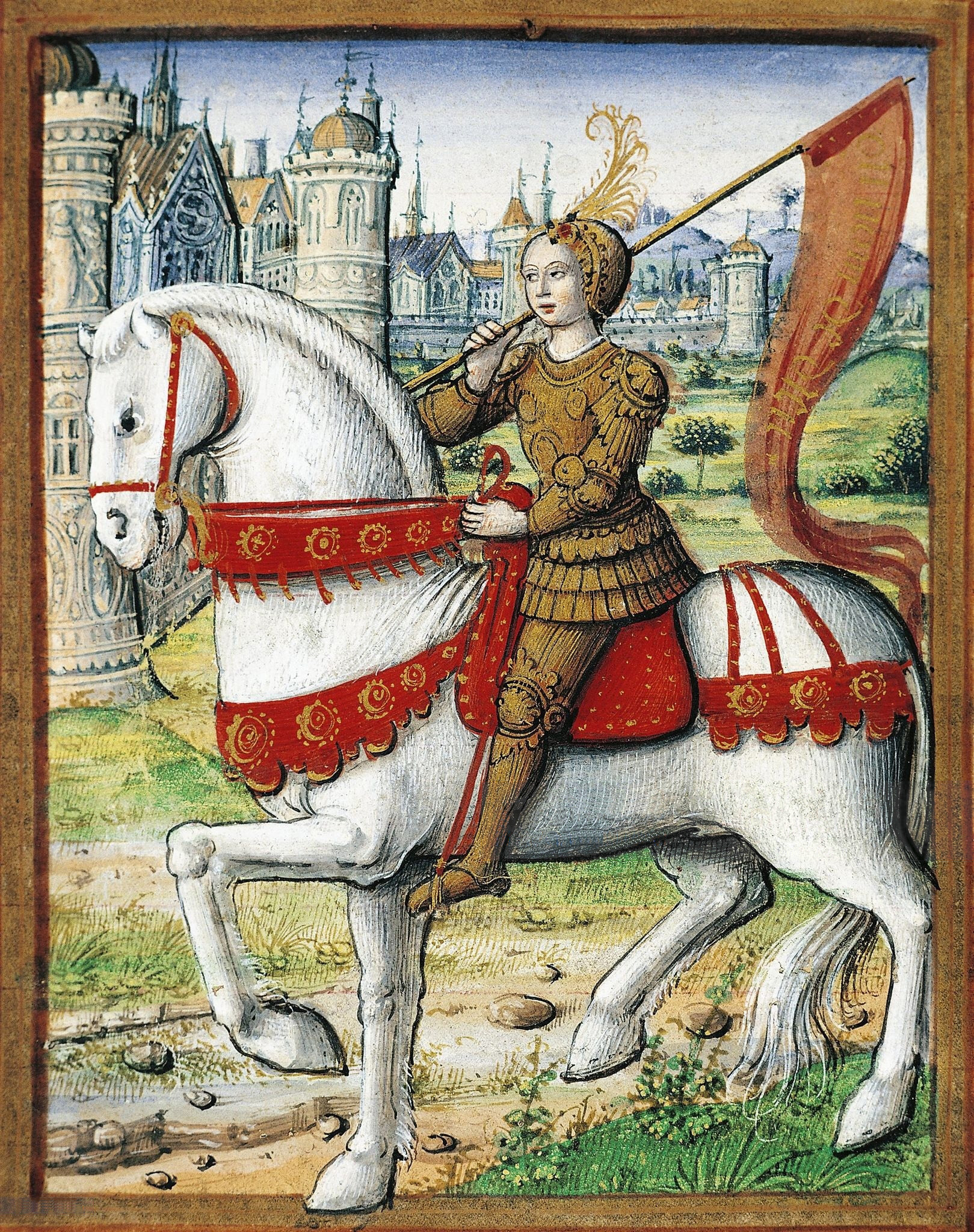 Johan of Arc. Oil on parchment and pigment painted between 15th century and 20th century by unknown artist. Collection: Archives nationales, Paris, France. Public Domain.