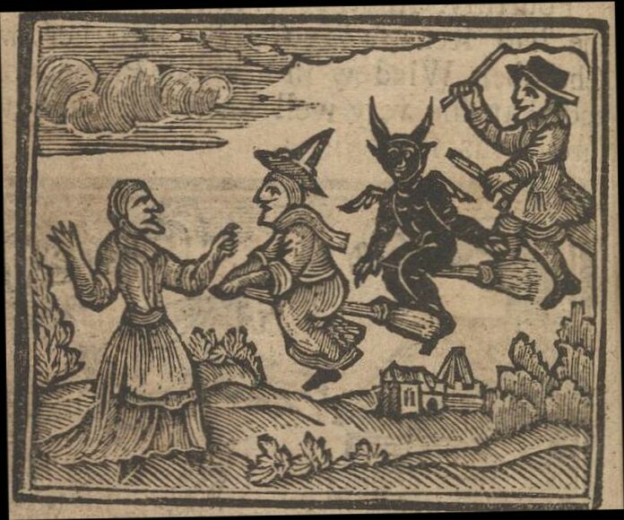Witches flying on broomsticks. From the book: The history of witches and wizards: giving a true account of all their tryals in England, Scotland, Swedeland, France, and New England; with their confession and condemnation / Collected from Bishop Hall, Bishop Morton, Sir Matthew Hale, etc. By W.P., 1720. Witches flying on broomsticks. Collection: Wellcome Collection, London, UK. (CC BY 4.0).