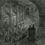 Dicken’s London with slum houses: ‘London: A Pilgrimage’ published in 1872. Engraved by Gustave Doré (1832–1883), French painter, illustrator, engraver, caricaturist, comics artist and lithographer. Public Domain.