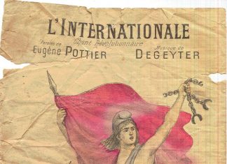 Forside på hæfte med tekst og noder til Internationale, på fransk med Eugène Pottier lyrik og Pierre Degeyters musik. Public domain (expired copyright),
