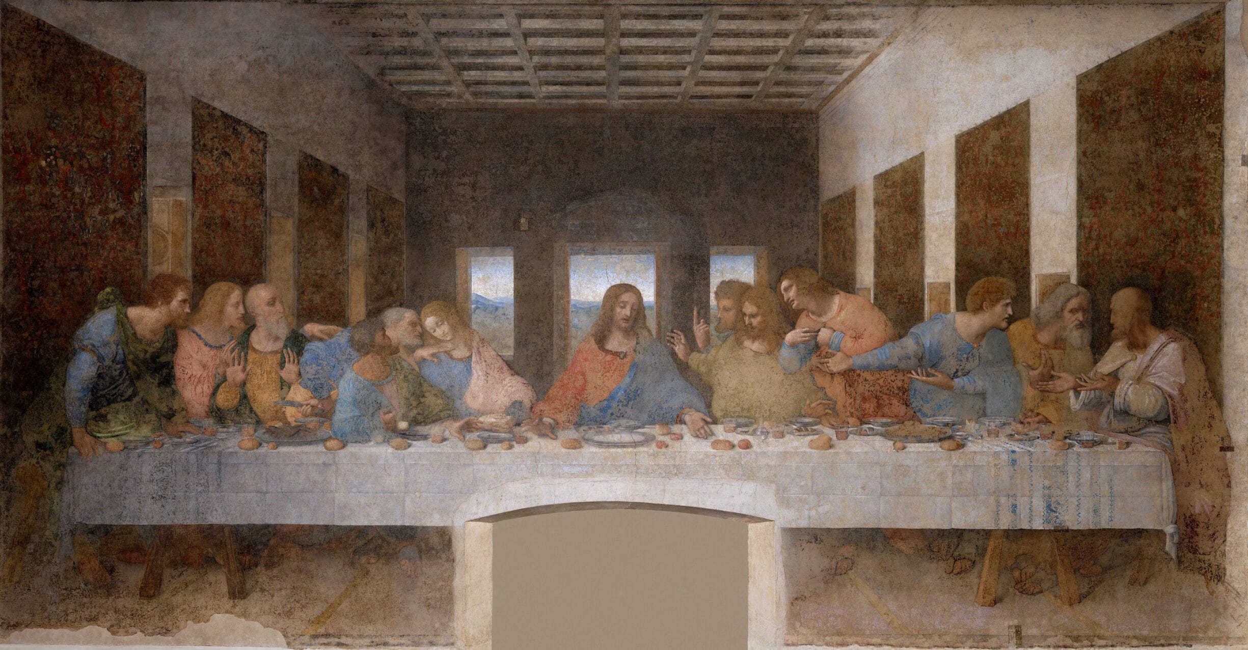 Leonardo_da_Vinci_(1452-1519)_-_The Last Supper. Tempera on gesso, pitch and mastic, painted from 1495 until 1498 by Leonardo da Vinci (1452–1519). Collection: Santa Maria delle Grazie, Milan, Italy. Source/Photographer: Unknown. Public Domain.