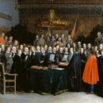 The Ratification of the Spanish-Dutch Treaty of Münster, by swearing an oath (with two fingers raised), 15 May 1648 – The painting is not about the more famous Treaty of Münster signed by France, the Holy Roman Emperor and their respective allies on 24 October 1648. Among the depicted people: Gaspar de Bracamonte, 3rd Count of Peñaranda (1595–1676), Spanish diplomat and statesman and Antoine Brun (1599–1654), baron d’Aspremont, Burgundian diplomat in the service of Philip IV of Spain. Oil on copper by Gerard ter Borch (1617–1681), Dutch painter, draughtsman and miniaturist. Collection: Rijksmuseum Amsterdam, Amsterdam, Nederlands. Public Domain.