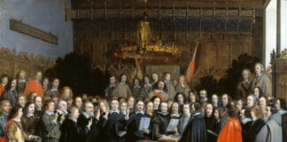 The Ratification of the Spanish-Dutch Treaty of Münster, by swearing an oath (with two fingers raised), 15 May 1648 - The painting is not about the more famous Treaty of Münster signed by France, the Holy Roman Emperor and their respective allies on 24 October 1648. Among the depicted people: Gaspar de Bracamonte, 3rd Count of Peñaranda (1595–1676), Spanish diplomat and statesman and Antoine Brun (1599–1654), baron d'Aspremont, Burgundian diplomat in the service of Philip IV of Spain. Oil on copper by Gerard ter Borch (1617–1681), Dutch painter, draughtsman and miniaturist. Collection: Rijksmuseum Amsterdam, Amsterdam, Nederlands. Public Domain.