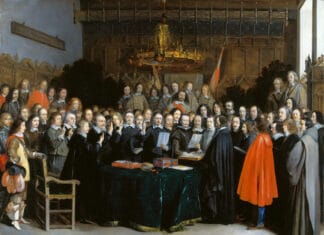 The Ratification of the Spanish-Dutch Treaty of Münster, by swearing an oath (with two fingers raised), 15 May 1648 - The painting is not about the more famous Treaty of Münster signed by France, the Holy Roman Emperor and their respective allies on 24 October 1648. Among the depicted people: Gaspar de Bracamonte, 3rd Count of Peñaranda (1595–1676), Spanish diplomat and statesman and Antoine Brun (1599–1654), baron d'Aspremont, Burgundian diplomat in the service of Philip IV of Spain. Oil on copper by Gerard ter Borch (1617–1681), Dutch painter, draughtsman and miniaturist. Collection: Rijksmuseum Amsterdam, Amsterdam, Nederlands. Public Domain.