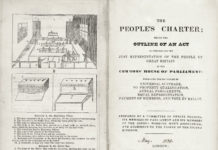 THE PEOPLE’S CHARTER. Written by William Lovett on behalf of the London Working Men’s Association and first published in early 1838, the People’s Charter begins by setting out the six demands that would come to define Chartism, including most notably the universal male franchise and the secret ballot. The edition shown here was published at some point in early 1839, before the first Chartist petition was presented to Parliament. Although the Charter would evolve over the next 20 years, the six points – already at the core of radical demands for the previous half century – remained a touchstone of Chartist politics. Public Domain.