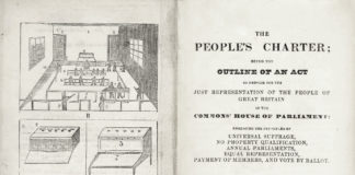 THE PEOPLE’S CHARTER. Written by William Lovett on behalf of the London Working Men’s Association and first published in early 1838, the People’s Charter begins by setting out the six demands that would come to define Chartism, including most notably the universal male franchise and the secret ballot. The edition shown here was published at some point in early 1839, before the first Chartist petition was presented to Parliament. Although the Charter would evolve over the next 20 years, the six points – already at the core of radical demands for the previous half century – remained a touchstone of Chartist politics. Public Domain.