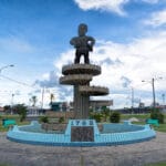The 1763 Monument on Square of the Revolution in Georgetown, Guyana (also known as the Cuffy Monument) commemorates the Berbice Slave Rebellion of 1763. The monument was designed by Philip More. Photo taken on November 21, 2019 by Dan Lundberg. (CC BY-SA 2.0).