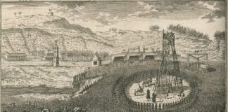 The execution of Joseph Süß Oppenheimer on February 4th, 1738 in front of the Stuttgart city gates. "True illustration of the execution carried out on the Jew Joseph Suss Oppenheimer, born in the Palatinate, in the year 1738, February 4th, such as those carried out for frolocking the printed subjects outside Stuttgart, and he on the iron gallows, in an iron 6-shoe high Käffich has been woken up." Romanus Heid, excudit Augusta Vindelicorum [Print: Romanus Heid, Augsburg] Kupferstich by Lucas Conrad Pfandzelt (1716-1786), German painter, copyist, restorer, collector and businesman, and Jacob Gottlieb Thelot (1708-1760), German printmaker, engraver. Collection: Württembergische Landesbibliothek Stuttgart, graphic collections. Puvlic Domain.