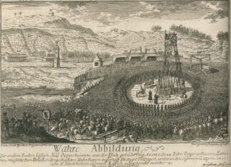 The execution of Joseph Süß Oppenheimer on February 4th, 1738 in front of the Stuttgart city gates. "True illustration of the execution carried out on the Jew Joseph Suss Oppenheimer, born in the Palatinate, in the year 1738, February 4th, such as those carried out for frolocking the printed subjects outside Stuttgart, and he on the iron gallows, in an iron 6-shoe high Käffich has been woken up." Romanus Heid, excudit Augusta Vindelicorum [Print: Romanus Heid, Augsburg] Kupferstich by Lucas Conrad Pfandzelt (1716-1786), German painter, copyist, restorer, collector and businesman, and Jacob Gottlieb Thelot (1708-1760), German printmaker, engraver. Collection: Württembergische Landesbibliothek Stuttgart, graphic collections. Puvlic Domain.