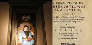 Nicolaus Steno (1638-1686), Danish Scientist, anatom, geologist, and Catolic bishop. (Left:) Interior of the Basilica of San Lorenzo (Florence) with painting of Nicolaus Steno. Photo: Taken 7 July 2016 by Sailko. (CC BY 3.0). (Right:) Frontpage of the book: Nicolai Stenonis Observationes anatomicae, quibus varia oris, oculorum, et narcium vasa describuntur, novique salivae, lacrymarum et muci fontes deteguntur, et novum nobilissimi Bilsii de lymphae motu et usu commentum examinatur et rejicitur. (Nicolai Stenonis anatomical observations, in which several of the mouth, eyes, and numbness articles describe the new saliva, tears and mucus sources are detected, and the new rank Bilsii of water movement and function comment is examined and rejected) Publisher: Lugduni Batavorum : Apud Jacobum Chouët, 1662. Public Domain.
