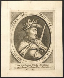 Ericus VIII Menved Dictus Rex Daniæ ... Nummereringen har ikke altid været den samme: Erik Menved 6 (1274-1319) konge af Danmark. Kobberstik fra 1685 af ukendt kunstner. Public Domain.