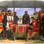 A romanticised 19th-century recreation of King John signing Magna Carta. Engraved in 1864 by James William Edmund Doyle  (1822–1892): “John” in A Chronicle of England: B.C. 55 – A.D. 1485, London: Longman, Green, Longman, Roberts & Green, pp. p. 226 Retrieved on 12 November 2010. Public Domain.
