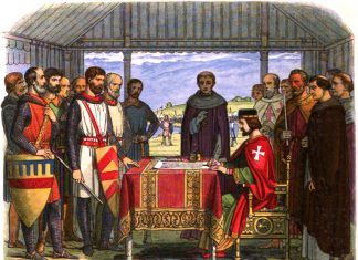 A romanticised 19th-century recreation of King John signing Magna Carta. Engraved in 1864 by James William Edmund Doyle (1822–1892): "John" in A Chronicle of England: B.C. 55 – A.D. 1485, London: Longman, Green, Longman, Roberts & Green, pp. p. 226 Retrieved on 12 November 2010. Public Domain.
