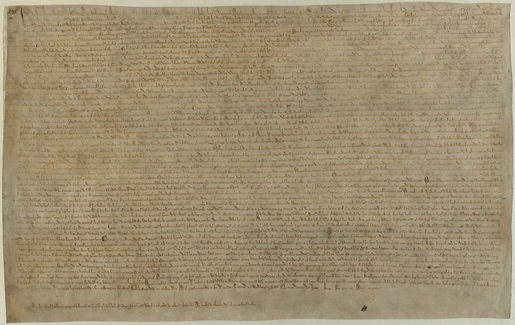 The Magna Carta (originally known as the Charter of Liberties) of 1215, written in iron gall ink on parchment in medieval Latin, using standard abbreviations of the period, authenticated with the Great Seal of King John. The original wax seal was lost over the centuries.[1] This document is held at the British Library and is identified as "British Library Cotton MS Augustus II.106". One of four known surviving 1215 exemplars of Magna Carta. Original authors were the barons and King John of England. Uploaded by Earthsound. Public Domain.
