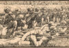 Soldater øver sig i skydning med gasmasker; bag dem ser en ikke-maskeret overordnet officer, ca. 1917. Tegner: Winsor McCay (1869–1934), American cartoonist, animator,film producer and comics artist. Public Domain.