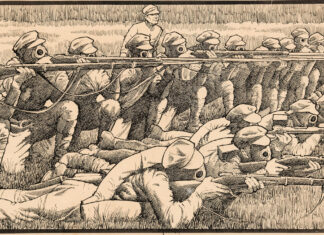 Soldater øver sig i skydning med gasmasker; bag dem ser en ikke-maskeret overordnet officer, ca. 1917. Tegner: Winsor McCay (1869–1934), American cartoonist, animator,film producer and comics artist. Public Domain.