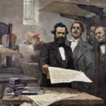 Marx & Engels blev på Komunisternes Forbunds kongres i London pålagt at formulere et programskrift, Det Kommunistiske Manifest. Her er de 2 malet i Rheinische Zeitung’s trykkeri, ca. 1849. Oliemaleri på lærred af E. Capiro. Public Domain. Se nedenfor 1. juni 1847.