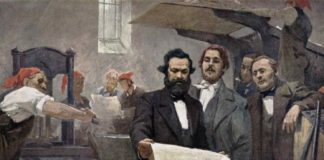 Marx & Engels blev på Komunisternes Forbunds kongres i London pålagt at formulere et programskrift, Det Kommunistiske Manifest. Her er de 2 malet i Rheinische Zeitung's trykkeri, ca. 1849. Oliemaleri på lærred af E. Capiro. Public Domain. Se nedenfor 1. juni 1847.