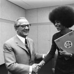 Erich Honecker receives Angela Davis in Berlin. The First Secretary of the Central Committee of the SED, Erich Honecker, received the American civil rights activist Angela Davis on Date 11 September 1972. During this meeting, he presented the representative of the other America with the invitation to the 1973 World Festival of Youth and Students in the GDR capital. Photo: Peter Koard. Collection: Das Bundesarchiv, Koblenz, Germany. (CC BY-SA 3.0 DE).