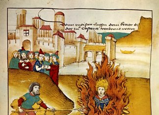 Burning of Jan Hus at the stake. From Spiezer Chronik (1485) by Diebold Schilling the Older (c. 1445–1485), the author of several of the Swiss illustrated chronicles. Public Domain.