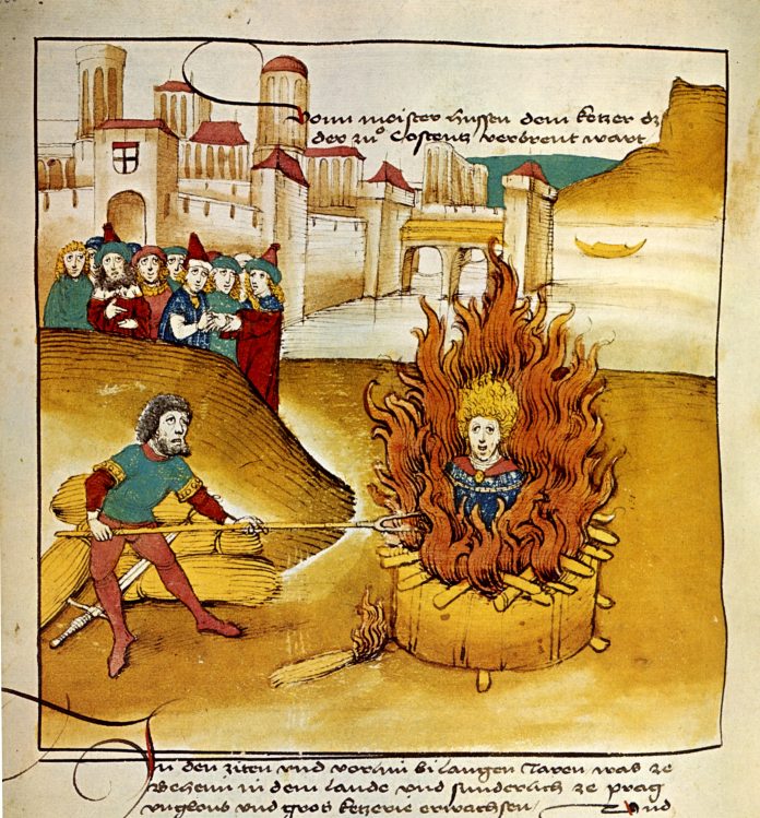 Burning of Jan Hus at the stake. From Spiezer Chronik (1485) by Diebold Schilling the Older (c. 1445–1485), the author of several of the Swiss illustrated chronicles. Public Domain.