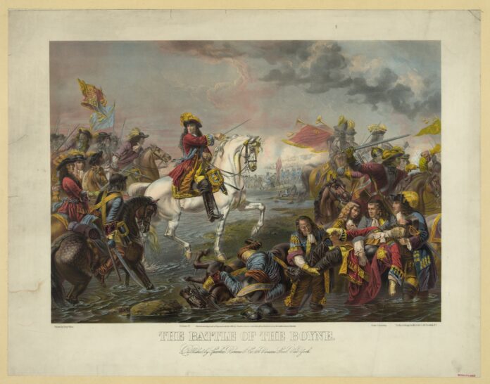 The Battle of the Boyne. Date: unknown. Artist: unknown. “William who is portrayed throughout Northern Ireland, on his horse, sword in hand, waving his hat at the Battle of the Boyne .. He became the symbol of the most backward, reactionary attitudes. The very word Orangeism comes from his title”. (Source: Duncan Hallas: The Decisive Settlement (Socialist Worker Review, Issue 113, October 1988). Collection: Library of Congress, Washington, DC., USA. Public Domain.