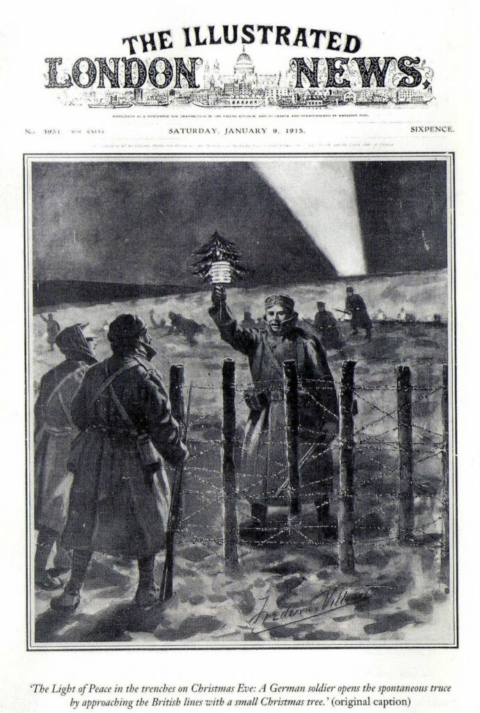 A depiction of the 1914 Christmas truce published on the front page of the Illustrated London News on 9 January 1915. The original caption was "The light of Peace in the trenches on Christmas Eve: A German soldier opens the spontaneous truce by approaching the British lines with a small Christmas tree." Date: 9 January 1915. Author: Frederic Villiers (1851–1922), British war artist and war correspondent. Public Domain.