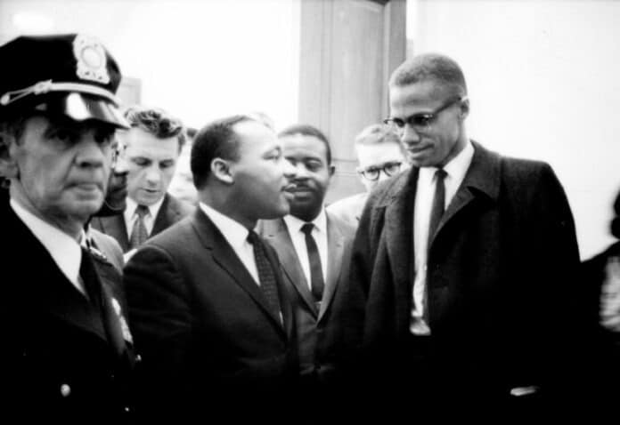 Martin Luther King, Jr. and Malcolm X meet before a press conference. Both men had come to hear the Senate debate on the Civil Rights Act of 1964. This was the only time the two men ever met; their meeting lasted only one minute.26 March 1964. Photo: Staff photographers of U.S. News & World Report. Collection: The Library of Congress, Washington D.C. No known copyright restrictions.