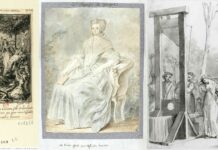 Collage of Olympe de Gouges. Left:Olympe de Gouges handing over her Declaration of the Rights of Women and Citizens to Marie-Antoinette. Print, Desrais, Paris, 1790. Engravet by C. Frussotte (1750-18 ..). Engraver; Claude-Louis Desrais (1746-1816). Illustrator. Public Domain. Middle: Marie Olympe de Gouges, widow Aubry (1748-1793). Olympe de Gouges seated on a Louis XV armchair, holding a book in her right hand, 1793. Medium watercolor over graphite on paper made by unknown artist. Collection: Louvre Museum). Public Domain. Right: Execution of Marie Gouze on the scaffold. 'Olympe de Gouges' was the pseudonym used by Marie Gouze, who was a French writer, playwright, pamphleteer, and political philosopher, and who in 1793 was arrested and summarily tried for having defended the Girondists, then guillotined to death. Artist: Mettais? Public Domain.