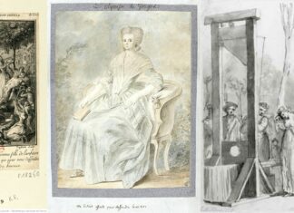 Collage of Olympe de Gouges. Left:Olympe de Gouges handing over her Declaration of the Rights of Women and Citizens to Marie-Antoinette. Print, Desrais, Paris, 1790. Engravet by C. Frussotte (1750-18 ..). Engraver; Claude-Louis Desrais (1746-1816). Illustrator. Public Domain. Middle: Marie Olympe de Gouges, widow Aubry (1748-1793). Olympe de Gouges seated on a Louis XV armchair, holding a book in her right hand, 1793. Medium watercolor over graphite on paper made by unknown artist. Collection: Louvre Museum). Public Domain. Right: Execution of Marie Gouze on the scaffold. 'Olympe de Gouges' was the pseudonym used by Marie Gouze, who was a French writer, playwright, pamphleteer, and political philosopher, and who in 1793 was arrested and summarily tried for having defended the Girondists, then guillotined to death. Artist: Mettais? Public Domain.