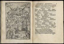 1518 Thomas More Utopia (November edition). Map + Alphabet. These are p. 12 & p. 13 of Thomas More's 'Utopia' as printed in november 1518 by Johannes Frobenius in Basel. On the left (p. 12), the map of Utopia island (which responds to the map of 1516); on the right (p. 13), the "Utopiensivm Alphabetvm", (which resumes the one of 1516 edition but is redesigned for this edition). Collection/Credit: The copy of this edition is owned by the Folger Shakespeare Library, Washington, DC, USA. (CC BY-SA 4.0).