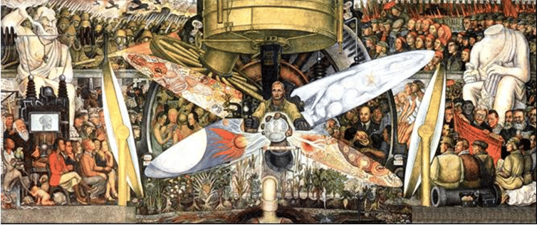 Diego Rivera "Mennesket ved skillevejene" / "Man at the Crossroads" Se: "https://en.wikipedia.org/wiki/Man_at_the_Crossroads + personlisten 'Diego Rivera (1886-1957)' https://socbib.dk/diego-rivera-1886-1957/