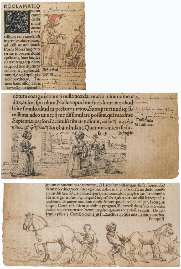 Three Marginal Drawings in a copy of "The Praise of Folly" by Erasmus of Rotterdam. Pen and black ink oxidised to brown, subsequent additions in red, Kunstmuseum Basel. Folly in the Pulpit (no. 1); A Scholar Treads on a Market Woman's Basket of Eggs (no. 3); Sertorius and the Example of the Horses (no. 15). Hans Holbein and his brother, Ambrosius, drew 82 marginal sketches in the copy of The Praise of Folly owned by classical scholar Oswald Myconius, who planned to show the result to the author, his friend Desiderius Erasmus. They include the first works by Hans Holbein to survive intact. Most of the sketches are by Hans Holbein, whose style and left-handed hatching identify him from Ambrosius.Drawing from December 1515, by Hans Holbein der Jüngere (1497/1498–1543), German painter and draughtsman. Public Domain.