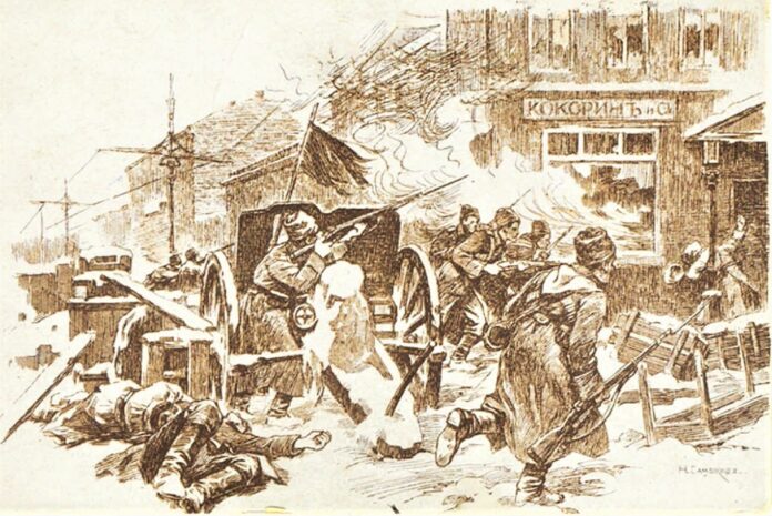 The first days of the revolution. 1917. Postcard. Edition of the Skobela Committee of the Population of the wounded (Petrograd). Drawing by Nikolai Samokish (1860–1944), Russian-Soviet painter. Public Domain.