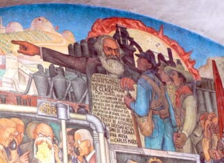 Mexico City - Palacio Nacional. Mural by Diego Rivera showing the History of Mexico: Detail showing Karl Marx. Photo: Taken 09.04.2008 by Wolfgang Sauber. (CC BY-SA 3.0).
