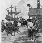 Illustration titled “Landing Negroes at Jamestown from Dutch man-of-war, 1619”. Howard Pyle (1853–1911), American writer, illustrator, children’s writer, university teacher and painter. The illustration was published in Harper’s Monthly Mag., v. 102, 1901 Jan., p. 172. Collection: Library of Congres, Washington, D.C., USA. Public Domain.