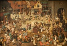 The battle between carnival and fasting. Scene from series of the so-called picture arch-like paintings. Oil on oak wood painted 1559 by Pieter Brueghel the Elder (1526/1530–1569), Southern Netherlandish painter, draughtsman and printmaker. Collection: Kunsthistorisches Museum, Vienna, Austria. Public Domain.